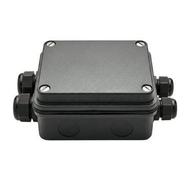 Black electrical junction box with cable glands