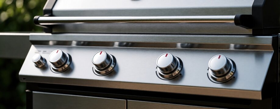 Shiny stainless steel barbecue grill features multiple control knobs. Outdoor cooking appliance ready for summer cookout, backyard party, food preparation, or grilling meals.