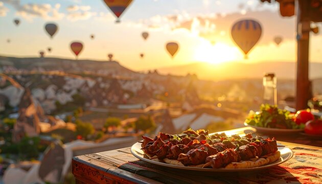 Plato de comida horneada servido en una terraza con globos aerost&aacute;ticos sobre un paisaje rocoso al amanecer
