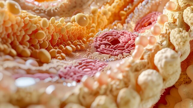 Cross section of human duodenum distinct cell types visible enterocytes goblet cells enteroendocrine cells Paneth cells each highlighted in a different warm editorial tone photorealistic anatomy art