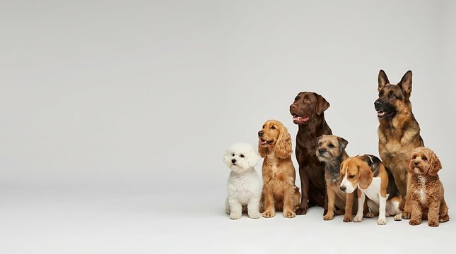 Group of diverse dog breeds sitting together in a studio setting