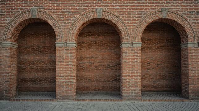 Arched brick archway with three identical recessed bays creating calm symmetry