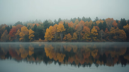 Autumn forest reflection misty lake golden birch calm waters tranquil scene © siraphol