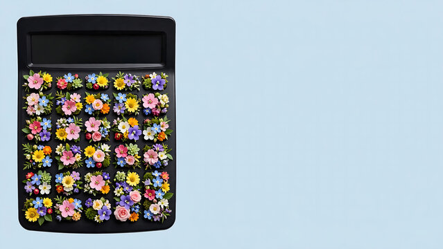 Creative flat lay composition with a black calculator decorated with colorful small flowers on blue background