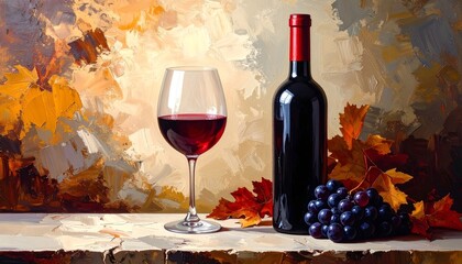 Botella y copa de vino tinto con racimo de uvas negras y hojas secas sobre una mesa de madera © EBG Stock Studio