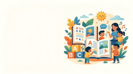 Fototapeta premium Children and teacher learning together with large books and blocks