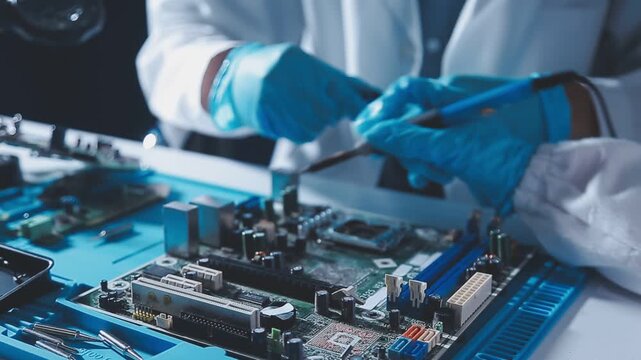 Closeup of a gloved hand installing a microchip on a blue motherboard. Perfect for concepts of AI development, hardware engineering, and IT infrastructure assembly in a digital world.