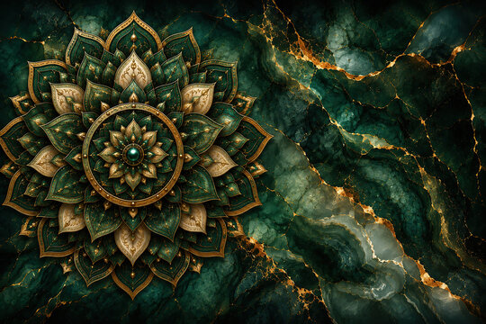 Luxury emerald green mandala with gold marble texture, elegant decorative background