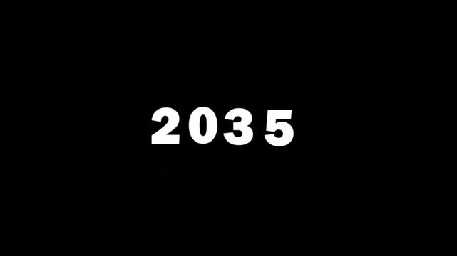 Digital year counter animation: rapidly changing calendar dates from 2030 to 2035 on black background, for time passing, and future concepts