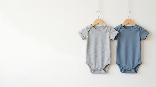 Two minimalist baby bodysuits hanging on a clean white wall