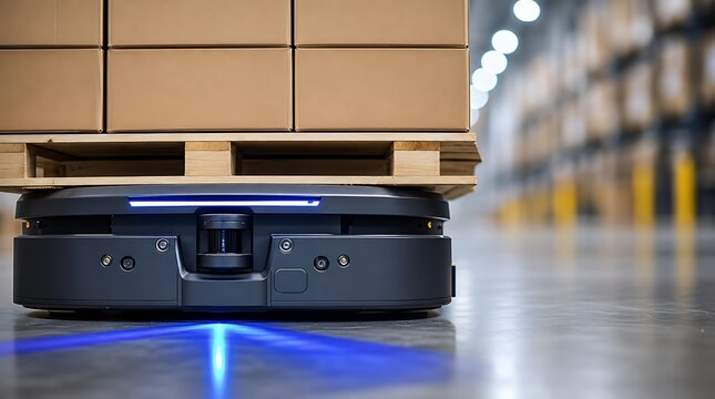 Automated guided vehicle robot moving a wooden pallet with cardboard boxes in modern warehouse, symbolizing smart logistics technology