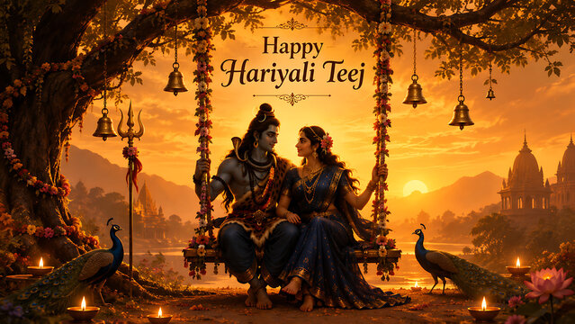 Happy hariyali teej shiva and parvati share decorated swing beneath ancient tree with peacocks glowing lamps and golden kajari teej sunset celebration celebration
