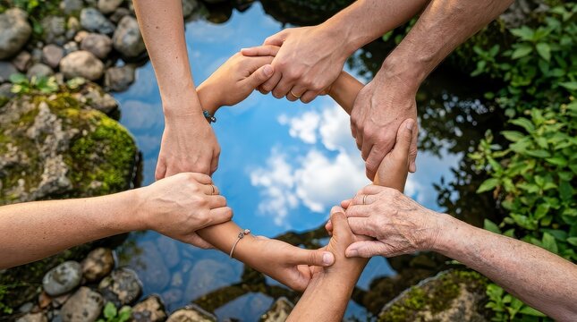 Hands forming circle above water reflection depicting unity and connection.