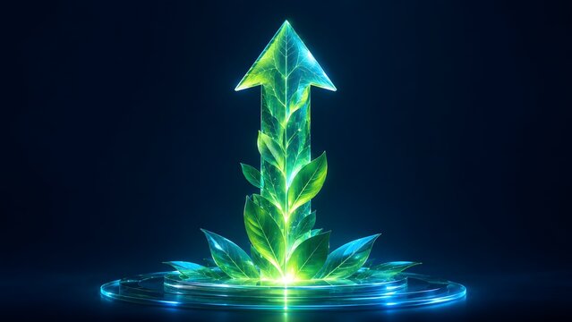 Radiant abstract arrow crafted with organic leaves, representing sustainable growth, ecological innovation, and forward-thinking green business solutions for a better future.