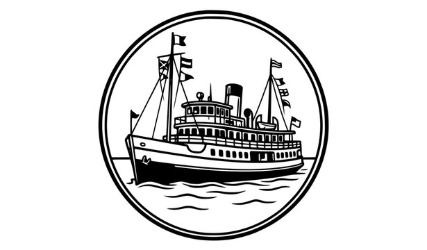 Vintage Black and White Ferry Boat Circular Badge Vector Illustration with Nautical Flags