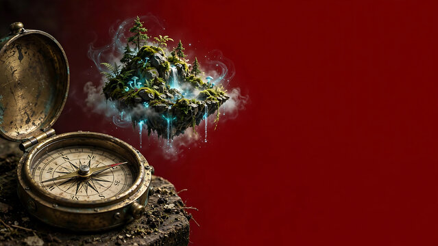 Antique Brass Compass Pointing Towards a Magical Floating Forest Island with Glowing Waterfall on Deep Red Background