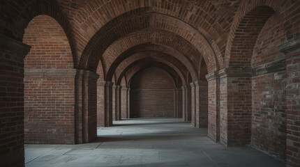 Naklejka premium Arched brick corridor with repeating vaulted arches and soft moody light