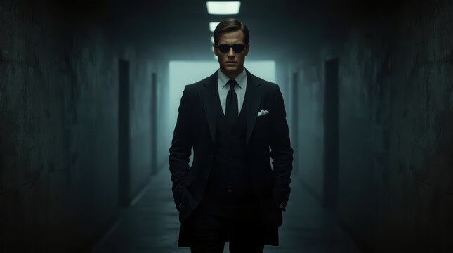 Sleek spy in tailored black suit walking through misty corridor with confident mood