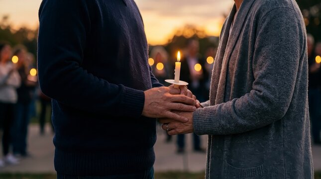 Couple holding a lit candle during a solemn evening memorial vigil ceremony.