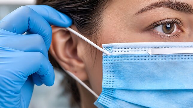 Close-up macro view of gloved healthcare worker placing surgical face mask strap over ear, symbolizing hygiene safety protocol