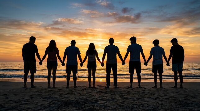 Diverse group of friends holding hands on beach at sunset celebrating unity.