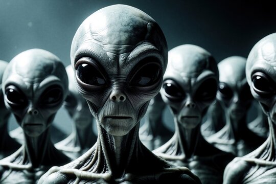 Group of grey aliens with large black eyes, smooth skin stare forward. Intelligent extraterrestrial beings stand in dark mysterious space environment. Sci fi creatures gather together for close