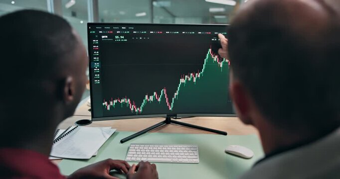 Computer screen, data or men with trading advice for economy news, chart patterns or stats in office. Trader dashboard, back of team or pointing to graphs for market timing, metrics or price movement
