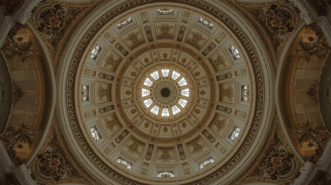Ornate dome radial symmetry domed ceiling neoclassical interior stained glass plasterwork gold