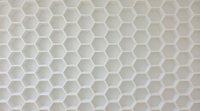 Hexagonal shelf pattern minimalist white honeycomb wall with subtle shadow and depth