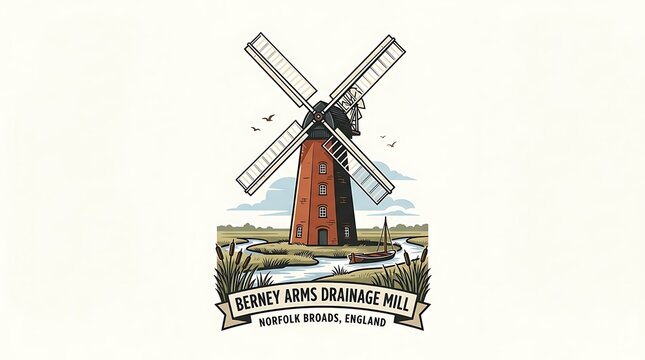 Vintage illustration of a traditional drainage mill in norfolk broads