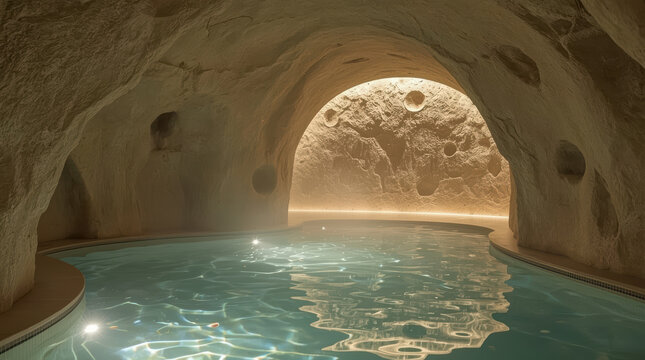 Thermal mineral soaking pool inside cave with warm glowing light and calm water