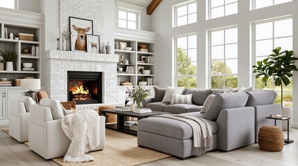 Obraz premium A modern living room with a gray sectional sofa and a white brick fireplace