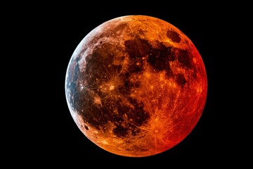 Fototapeta premium Crimson lunar eclipse glowing against pitch black night sky with sharp surface crater details for astronomical science publication
