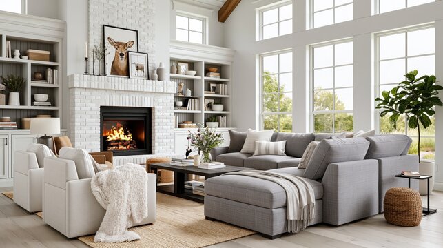 A modern living room with a gray sectional sofa and a white brick fireplace