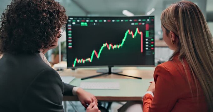 Trading, fist bump or team at desk with computer screen, portfolio growth or victory in data review. Happy, people or trader in agency with tech, profit milestone or financial success in stock market