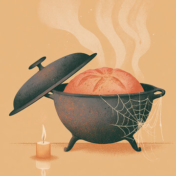Magic witch cauldron with fresh baked bread and ghostly steam illustration