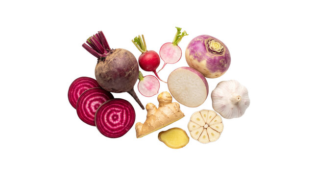 Fresh root vegetables collection, organic beetroot and ginger with garlic, raw radish and turnip assortment for healthy cooking and nutrition isolated PNG with Transparent Background