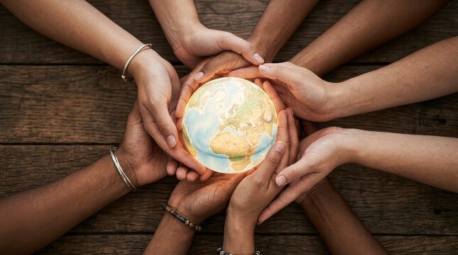 Hands cupped around glowing planet Earth representing global unity and environmental stewardship.