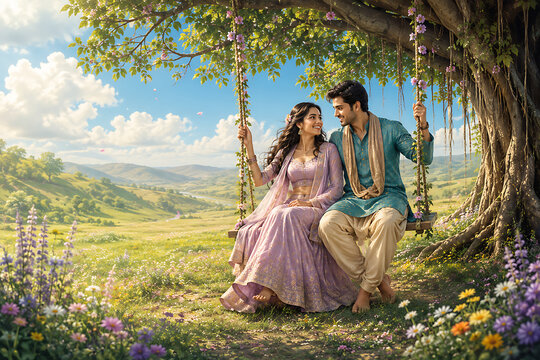 Happy hariyali teej romantic couple in traditional attire sharing floral swing beneath ancient tree across sunny meadow during joyful kajari teej celebration