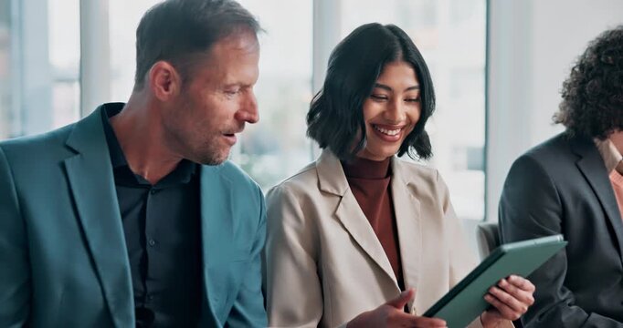 Business, people and tablet in waiting room for interview, application and resume for hiring. Team, candidates and talking in workplace with digital, online cv and recruitment process for onboarding