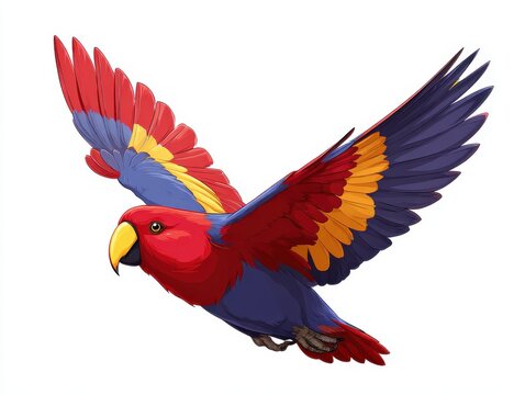 Vibrant Red And Blue Parrot In Mid Flight Against White Background Pixel Art Illustration