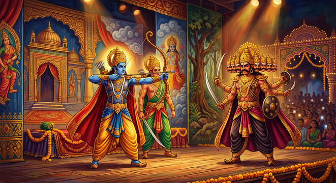 Dussehra Ramlila Performance Illustration, Traditional Stage Costume Background