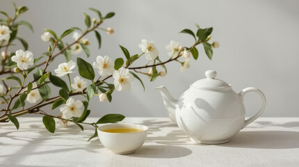 Fototapeta premium White porcelain teapot and cup with blooming jasmine branch creating serene tea moment