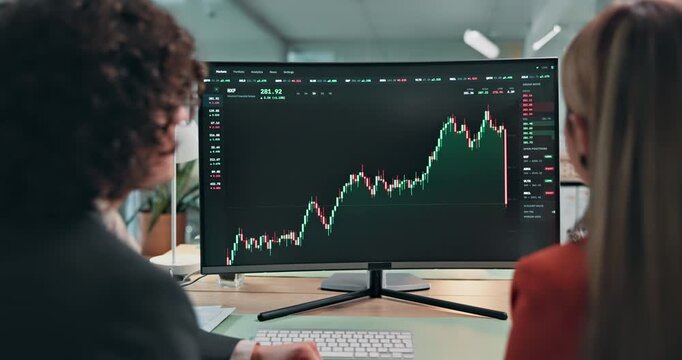 Computer screen, data or team with trading advice for stocks news, chart patterns or office. Trader dashboard, back of people or monitoring graphs for market conditions, statistics or price movement