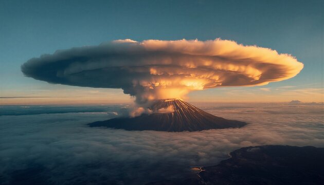 Massive Volcanic Eruption With Towering Ash Cloud Above Active Volcano At Sunrise