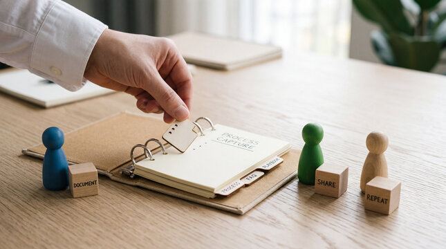 Business process capture concept with hand placing wooden tag near document share and repeat figures