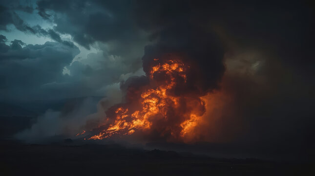 Molten firestorm beneath stormy sky glowing embers and dramatic clouds evoke power