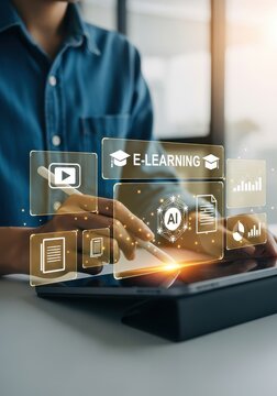E-Learning and AI Technology Concept: Student Using Tablet for Online Education with Digital Interface Icons