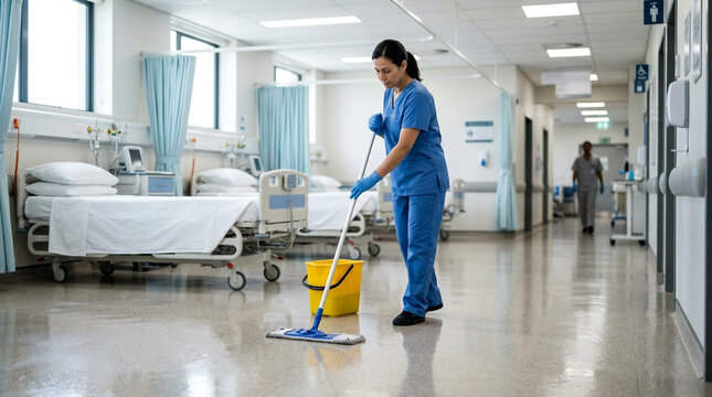 Dedicated hospital staff member mopping clean floors in a quiet patient room corridor
