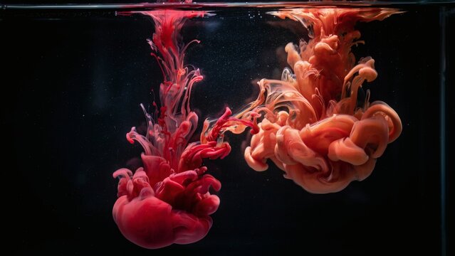 Abstract red and orange ink drops swirling underwater with streams swirling mixing mixing dark water vibrant red background diffusion creative